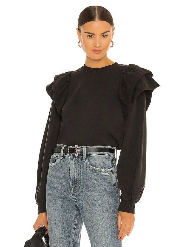 Pistola Black Dylan Ruffle Shoulder Sweatshirt, Size L